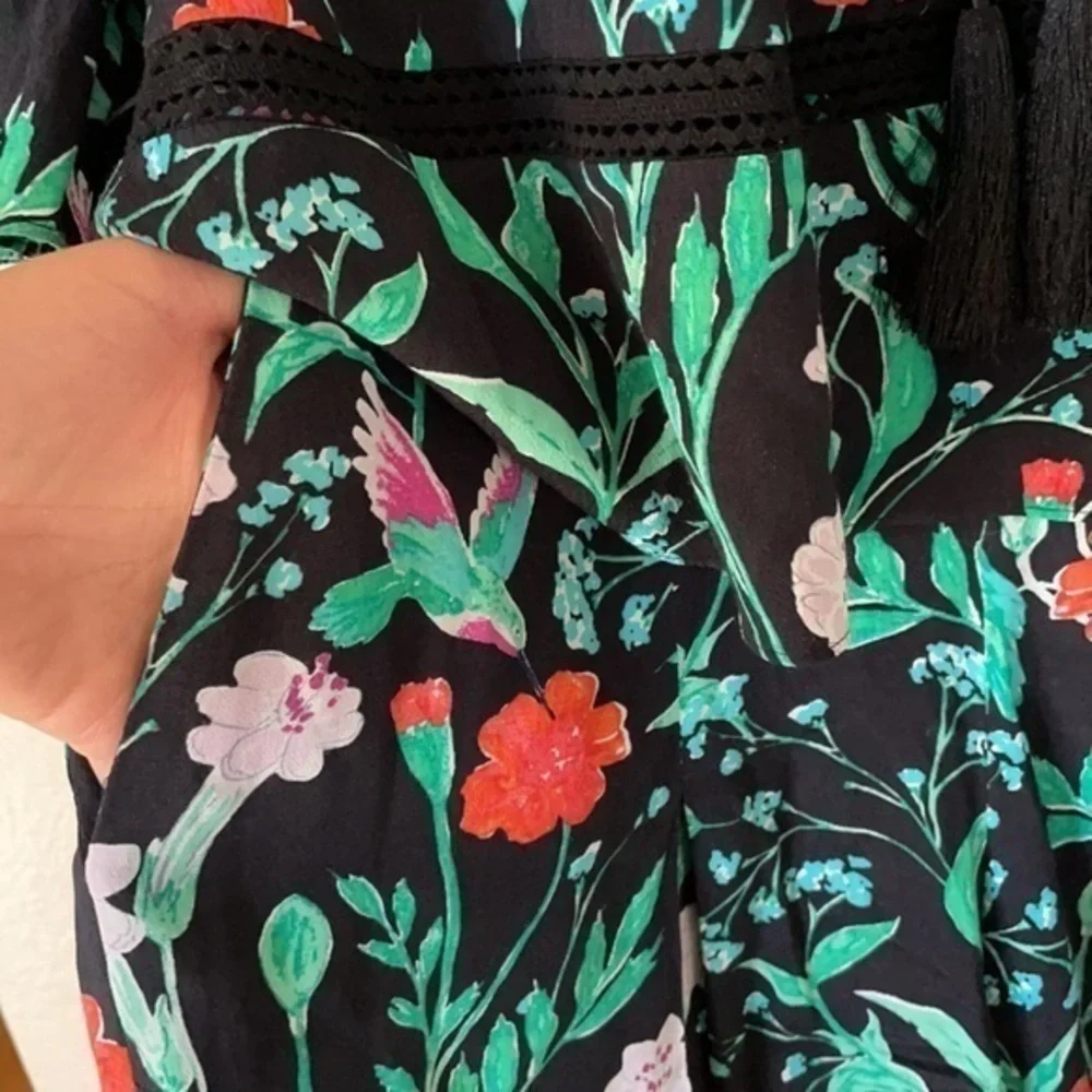 kate spade Black Floral Print Romper with Green and Red Accents
